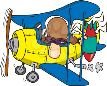 Royalty Free Clipart Image of a Man in a Plane Dropping a Bomb