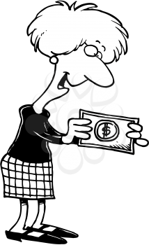 Royalty Free Clipart Image of a Woman Holding a Dollar Bill