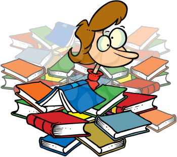 Royalty Free Clipart Image of a Woman Under a Pile of Books