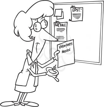 Royalty Free Clipart Image of a Woman Pinning a Notice on a Bulletin Board