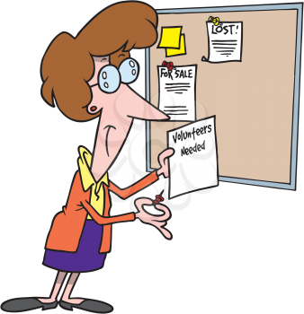 Royalty Free Clipart Image of a Woman Pinning a Notice to a Bulletin Board