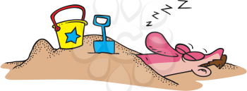 Royalty Free Clipart Image of a Man Sleeping Buried in the Sand