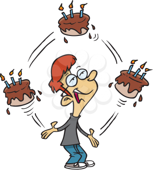 Royalty Free Clipart Image of a Boy Juggling Cakes