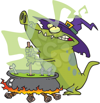 Royalty Free Clipart Image of an Alligator at a Cauldron