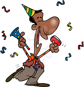Royalty Free Clipart Image of a Man in a Party Hat With Noisemakers