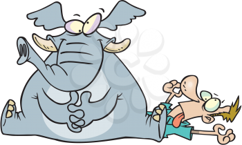 Royalty Free Clipart Image of a Man With an Elephant Sitting on His Chest
