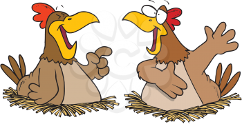 Royalty Free Clipart Image of Two Talking Chickens