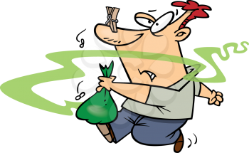 Royalty Free Clipart Image of a
Man Taking Out Smelly Trash