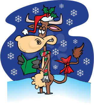Royalty Free Clipart Image of a Cow Reading a Card in the Snow