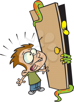 Royalty Free Clipart Image of a Boy Afraid of Monsters in the Closet