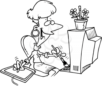 Royalty Free Clipart Image of a Woman Painting a Computer