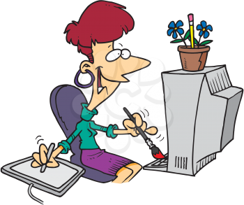 Royalty Free Clipart Image of a Woman Painting a Computer