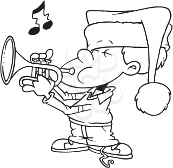 Royalty Free Clipart Image of a Boy in a Santa Hat Playing a Trumpet