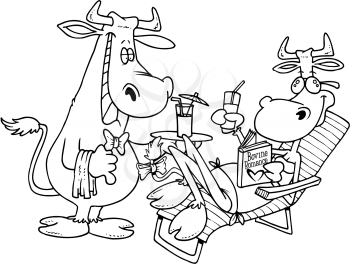 Royalty Free Clipart Image of a Cow Being Served Drinks by a Bull