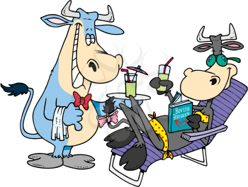 Royalty Free Clipart Image of a Cow Being Served Drinks by a Bull