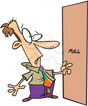 Royalty Free Clipart Image of a Man Facing a Door Without a Handle