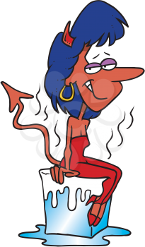 Royalty Free Clipart Image of a Female Devil Sitting on a Block of Ice