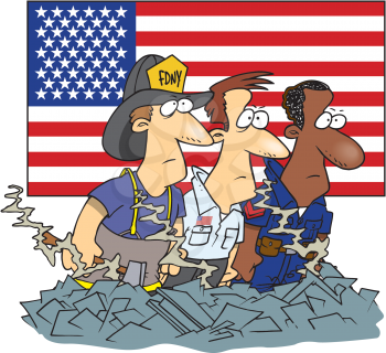 Royalty Free Clipart Image of a Emergency Services Workers in Front of an American Flag