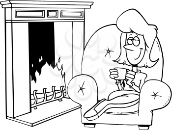 Royalty Free Clipart Image of a Woman Relaxing By a Fire