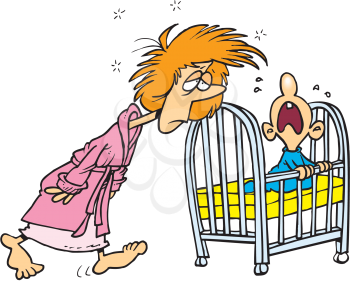 Royalty Free Clipart Image of a Tired Mom and a Cranky Baby