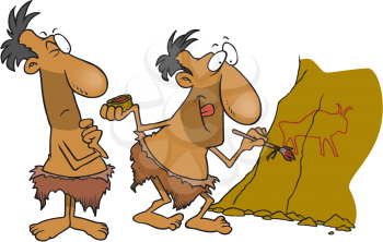 Royalty Free Clipart Image of a Caveman Painting and Another Watching