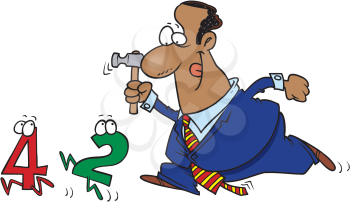 Royalty Free Clipart Image of a Man About to Crunch Numbers With a Hammer