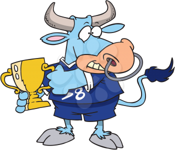 Royalty Free Clipart Image of a Bull Holding a Winner's Cup