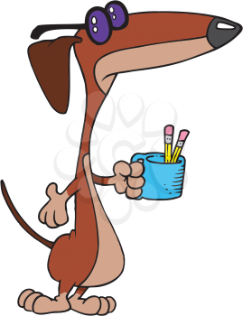 Royalty Free Clipart Image of a Blind Dog With Pencils in a Cup