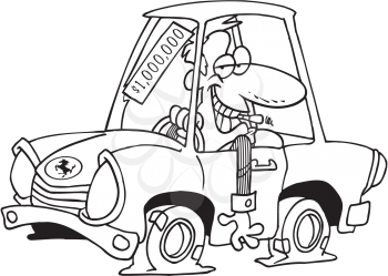 Royalty Free Clipart Image of a Man in a Junker With a High Price Tag