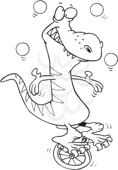 Royalty Free Clipart Image of a Juggling Dinosaur on a Unicycle