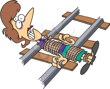 Royalty Free Clipart Image of a Woman Tied to the Railroad Tracks