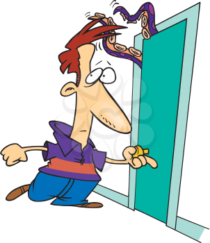 Royalty Free Clipart Image of a Man at a Door With Tentacles