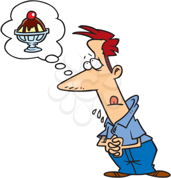 Royalty Free Clipart Image of a Man Drooling While Thinking of an Ice-Cream Sundae
