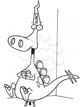Royalty Free Clipart Image of a Dinosaur Wearing a Dunce Hat Sitting in a Corner