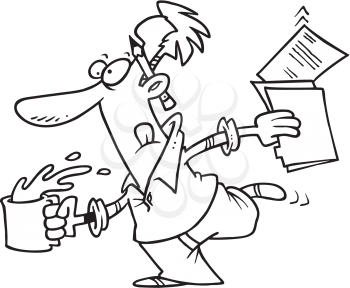 Royalty Free Clipart Image of a Man Running With Papers and a Coffee