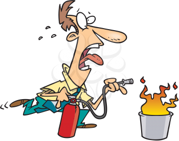 Royalty Free Clipart Image of a Man Using a Fire Extinguisher
