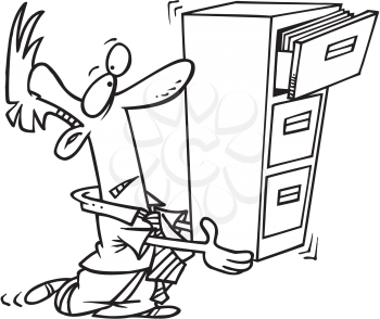Royalty Free Clipart Image of a Man Carrying a Filing Cabinet