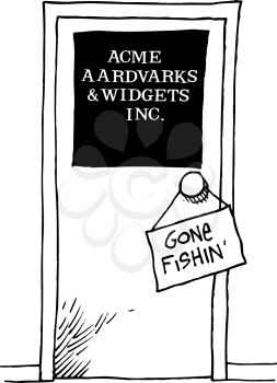 Royalty Free Clipart Image of a Door With a Gone Fishin' Sign