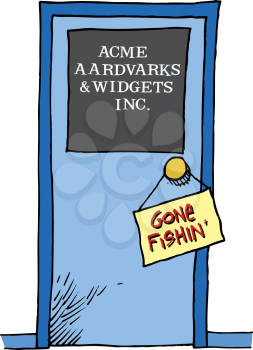 Royalty Free Clipart Image of a Company Door With a Gone Fishin' Sign