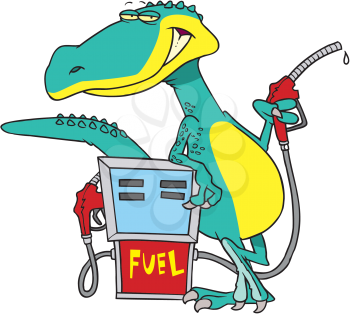 Royalty Free Clipart Image of a Dinosaur at a Gas Pump