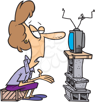 Royalty Free Clipart Image of a Woman Watching Television in a Room With No Furniture