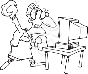 Royalty Free Clipart Image of a Grandmother With Boxing Gloves at a Computer