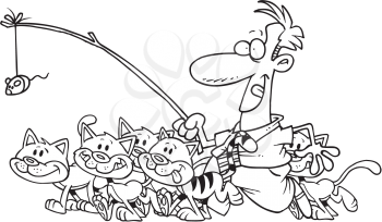 Royalty Free Clipart Image of a Man Leading Cats With a Toy Mouse