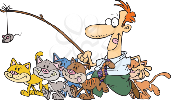 Royalty Free Clipart Image of a Man Leading Cats With a Toy Mouse