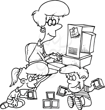 Royalty Free Clipart Image of a Woman Working at a Computer With Two Children Playing on the Floor