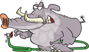 Royalty Free Clipart Image of an Elephant Turning on a Hose