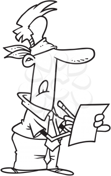 Royalty Free Clipart Image of a Blindfolded Man Writing on a Piece of Paper