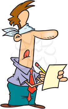 Royalty Free Clipart Image of a Blindfolded Man Writing on a Piece of Paper With a Pencil