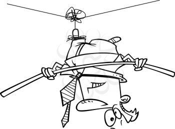 Royalty Free Clipart Image of a
Man Hanging Upside Down By a Thread From a Tightrope
