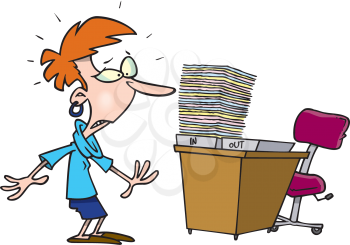 Royalty Free Clipart Image of a Woman With a Full Inbox on Her Desk